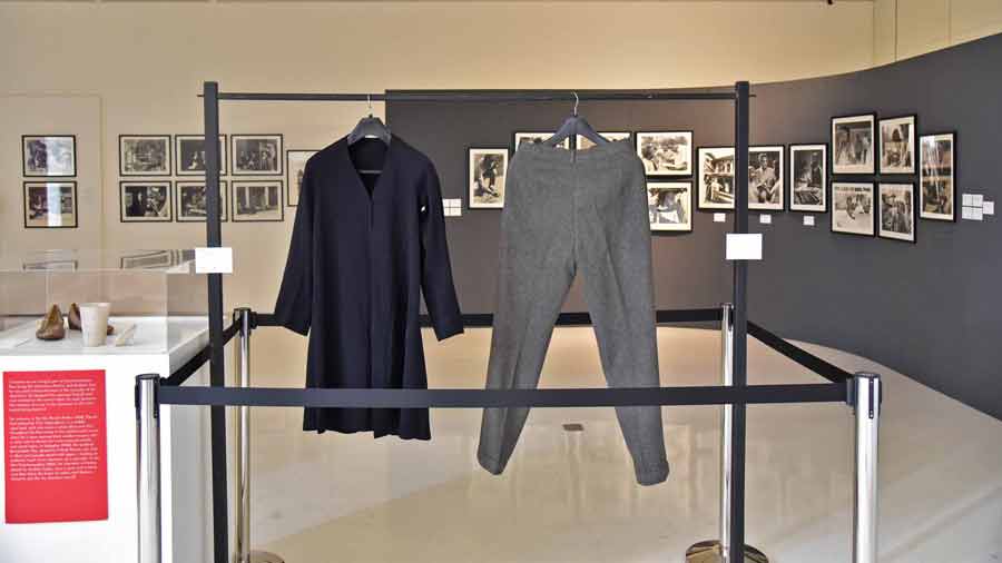 Costumes used in films by Ray included the ones (above) worn by Paresh Chandra Dutt, a character essayed by veteran actor Tulsi Chakrabarti in ‘Parash Pathar’ (The Philosopher’s Stone) in 1958. The centenary show organised by Kolkata Centre for Creativity in association with Gallery Rasa showcased lobby cards, pressbooks, posters, costumes and props designed by Ray
