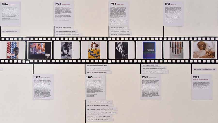 The timeline infographic shows the maestro’s films from 1976 to 1991 and a shot of his Academy (Oscar) Award acceptance speech from his deathbed.