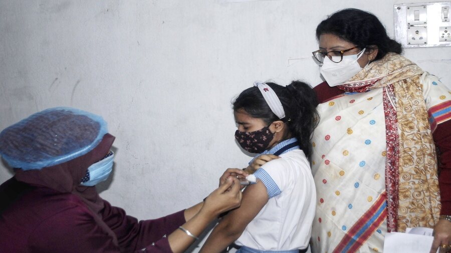 File picture of a teenaged girl getting vaccinated at a school in Kolkata in January.