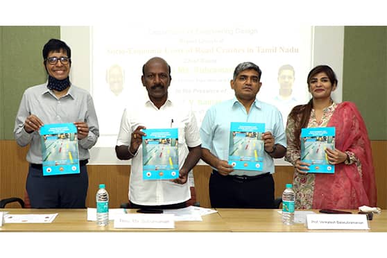 (L-R) IIT Madras director V. Kamakoti, Tamil Nadu health minister Thiru. Ma Subramanian, and authors of the report Venkatesh Balasubramanian and Nijina Nazar. 