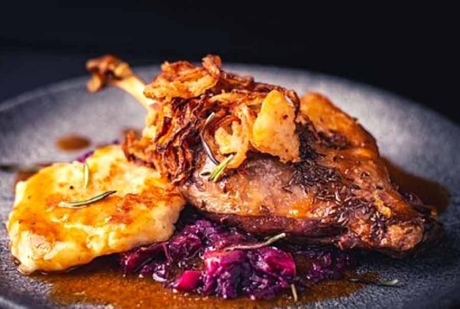 DUCK ROAST: A fan favourite on New Year’s Eve, Duck Roast is an exquisite offering usually served along with mashed potatoes, sauteed vegetables and a rich plum sauce. 