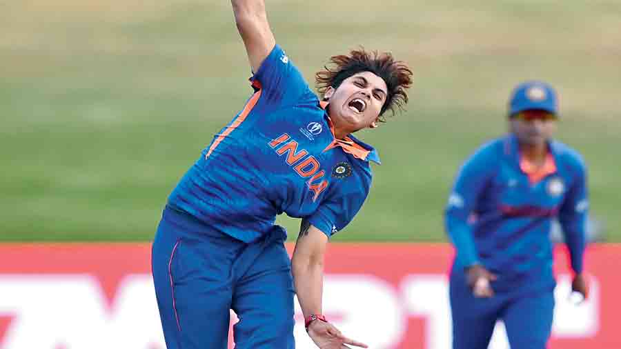 Meghna Singh of India bowls against England  at Bay Oval on Wednesday