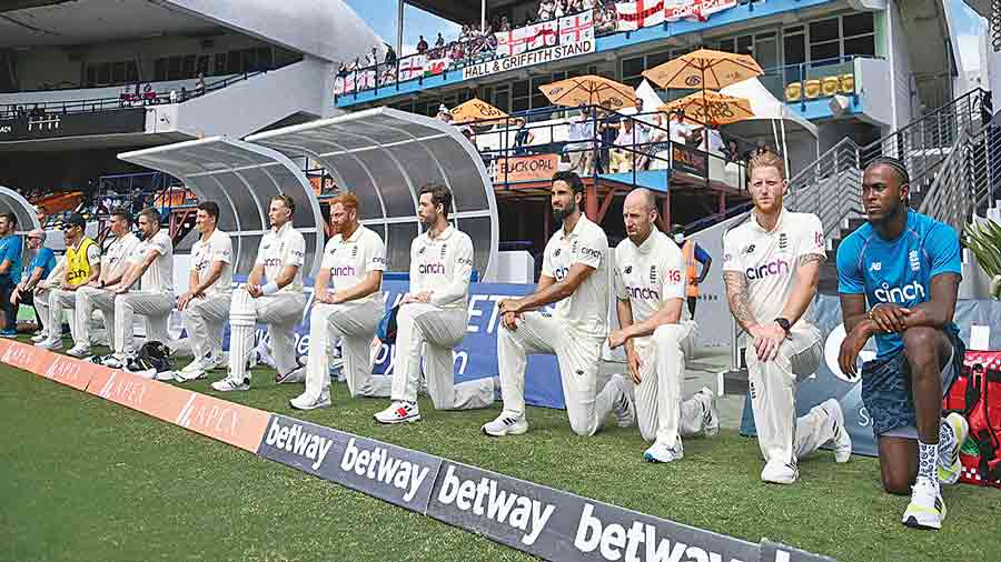  England players take the knee ahead of Day I of the second Test at Kensington Oval in Bridgetown, Barbados, on Wednesday.