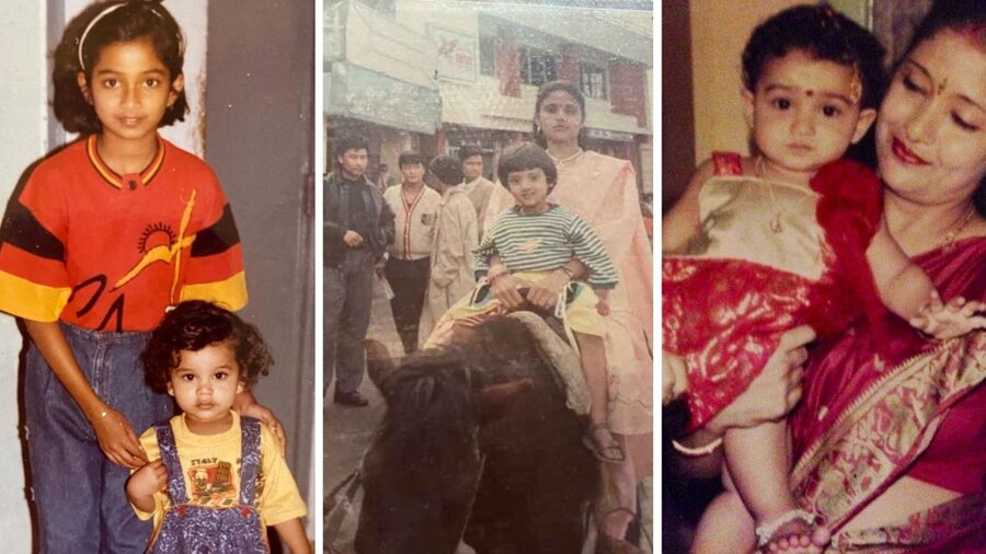 (L to R) Shreya Ghoshal with her brother; Nusrat Jahan riding a horse; Tridha Choudhury with her mother 