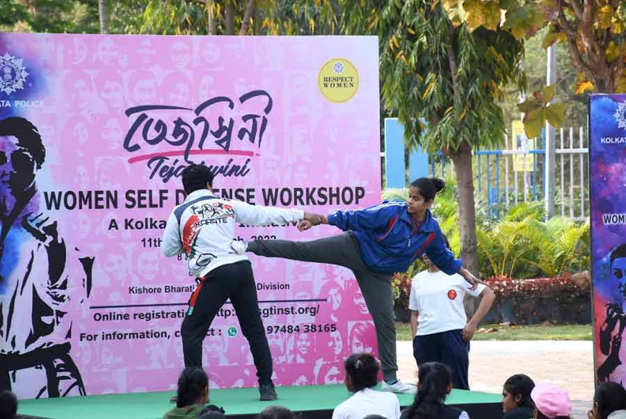 Participants at Tejashwini demonstrate their martial art skills on Thursday. The self-defence workshop for women organised by Kolkata police began on March 11