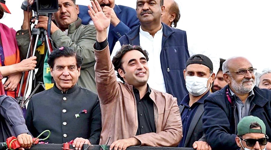 Bilawal Bhutto Zardari addresses supporters during the Long March in Islamabad. 