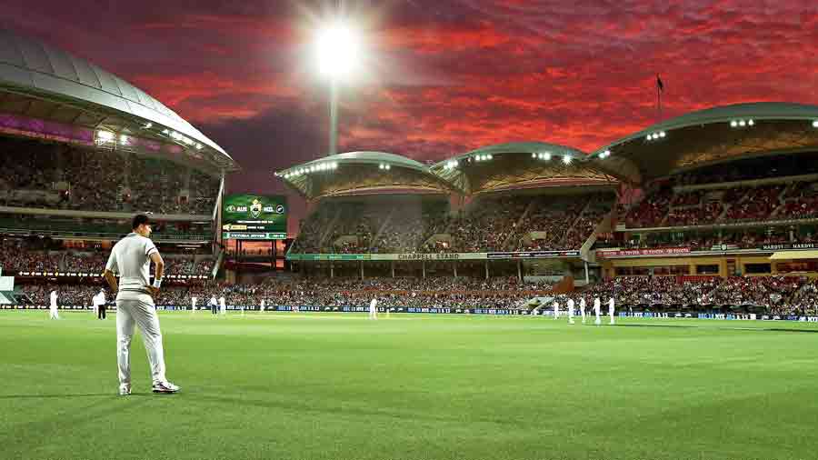 The first-ever Day-Night Test underway at the Adelaide  Oval, between Australia and New Zealand, in  November 2015.
