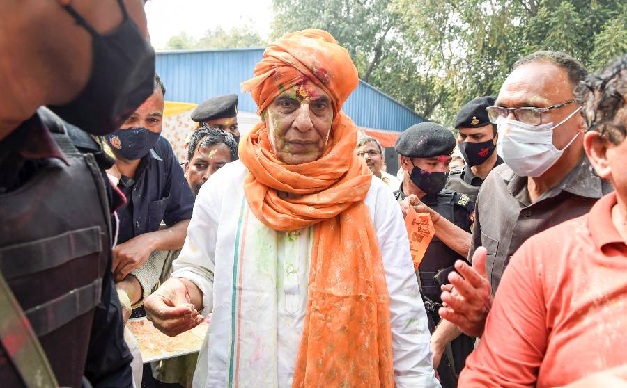 Union Defence Minister Rajnath Singh celebrates Holi festival at his residence in New Delhi.