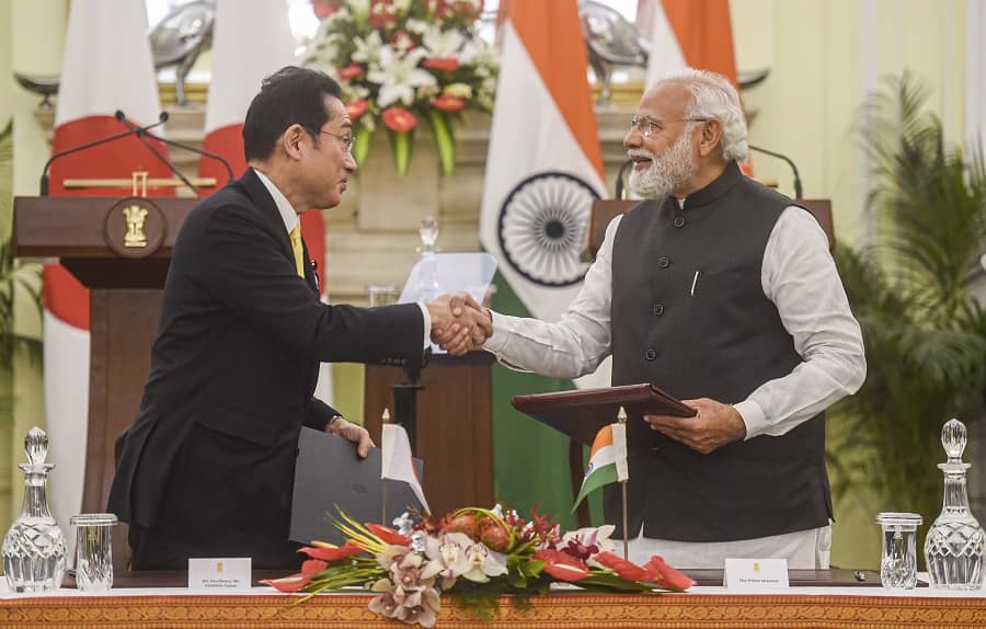 Prime Minister Narendra Modi and Japanese Prime Minister Fumio Kishida sign agreements, during the 14th India-Japan Annual Summit, at Hyderabad House, in New Delhi on Saturday