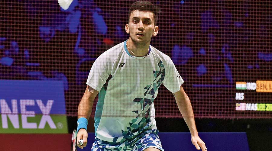Lakshya Sen during his semi-final match against Malaysia’s Lee Zii Jia at the All England Open Badminton Championships in Birmingham on Saturday. 