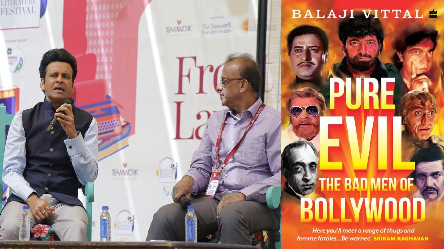Bajpayee in conversation with Balaji Vittal at the Jaipur Literature Festival 2022 (far left) and Vittal’s new book