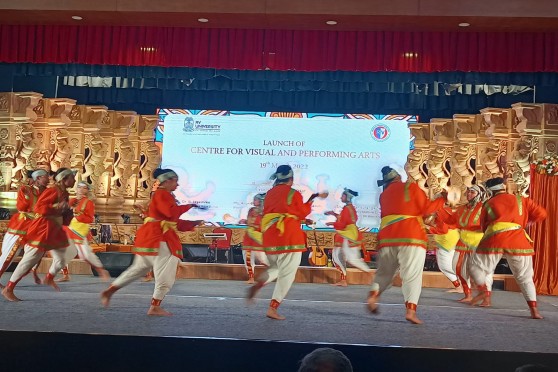 Students of RV University perform Kamsale dance at the event.