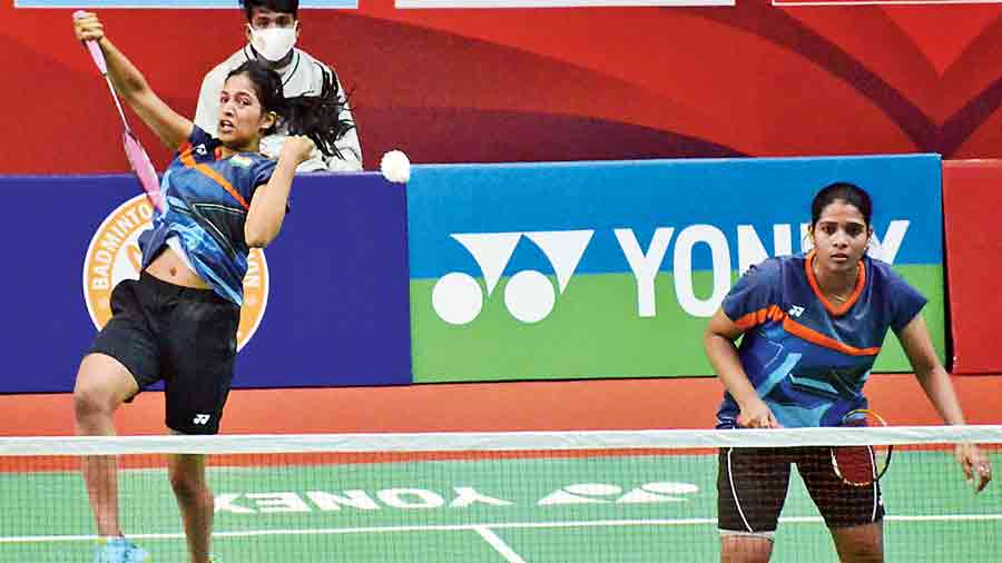 Gayatri Gopichand (left) and Treesa Jolly in action during their quarter-final match against Korea's Lee Sohee and Shin Seungchan.