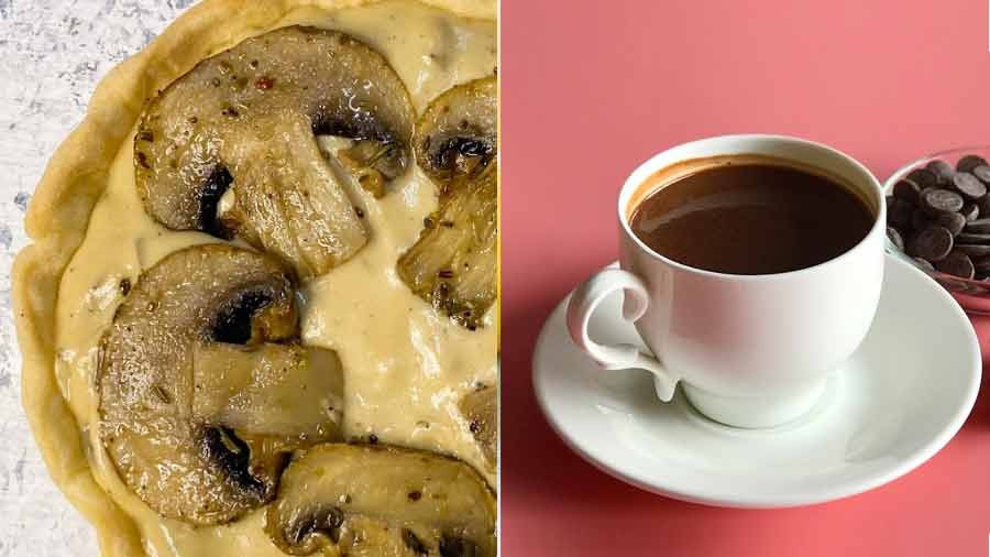 Cracked Pepper and Mushroom Quiche and a cup of hot chocolate