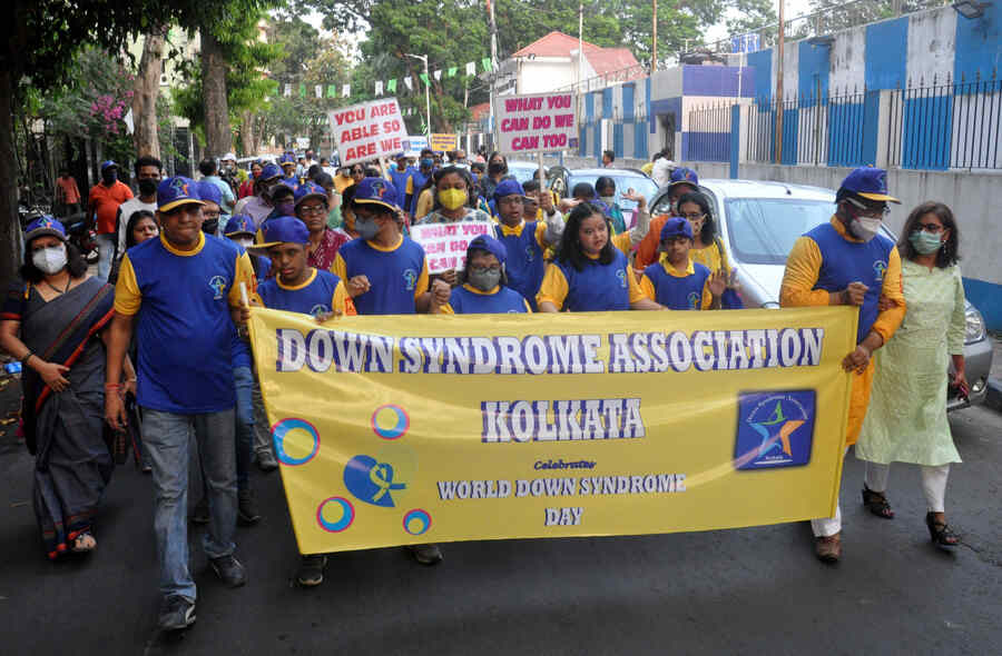 Participants at a rally to raise awareness on Down Syndrome on the occasion of World Down Syndrom Day in south Kolkata on Monday