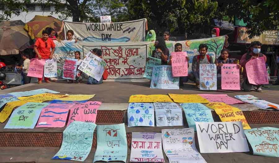 Participants at a demonstration demand water conservation on World Water Day in Kolkata on Tuesday 