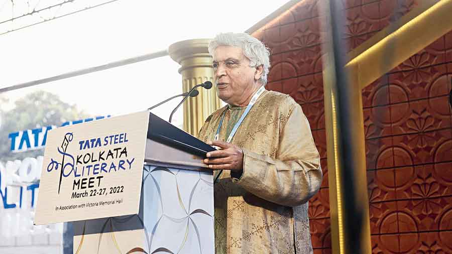 Javed Akhtar speaks at the Tata Steel Kolkata Literary Meet on Tuesday. 