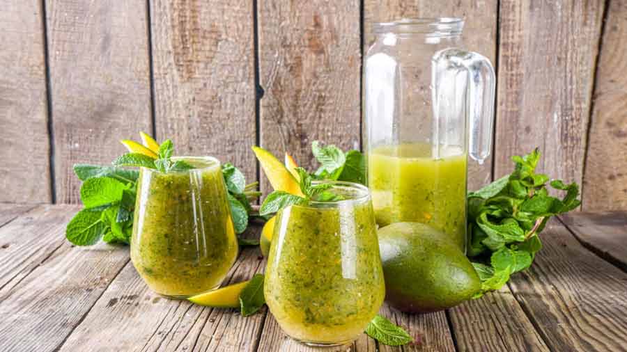 Aam Pora’r Sherbet: The quintessential Bengali summer drink, the aam pora’r shorbot, aka aam panna, is usually the first thing that’s made in Indian kitchens as soon as mango season rolls in. Unripe mangos are roasted to perfection over an open flame for the smoky after-taste, a pinch of sugar is added for sweetness, and salt and a few green chilli seeds for some savouriness. Hot tip: Try adding a sprig of mint, black pepper powder or even cumin powder to elevate the seasoning.