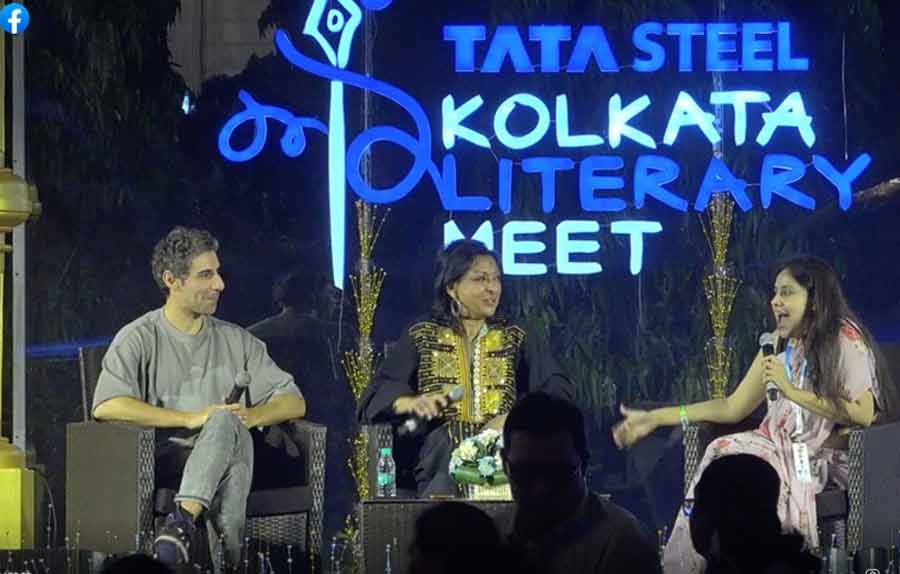 (From left) Actor Jim Sarbh, dancer Mallika Sarabhai and economist Shrayana Bhattacharya discuss ‘Rocket Boys-Real and Reel Stories’ at the Kolkata Literary Meet on Thursday
