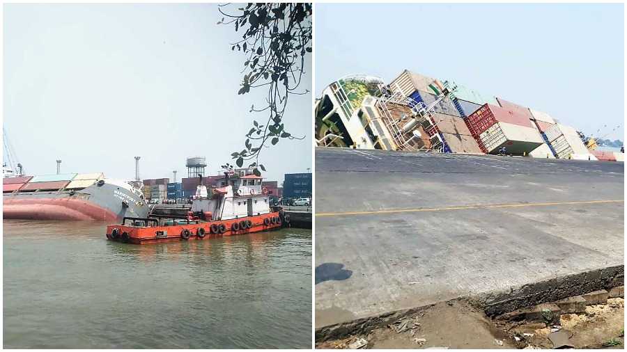 The capsized M/v Marine Trust 1 container vessel at the Kolkata port on Thursday morning