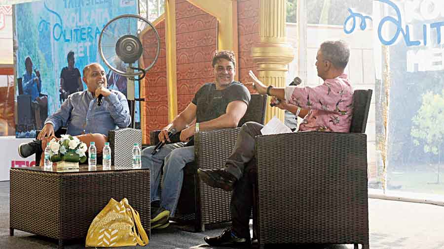 Cyrus Broacha and Anuvab Pal discuss humour at a session of the Tata Steel Kolkata Literary Meet with Sandip Roy on Thursday. 