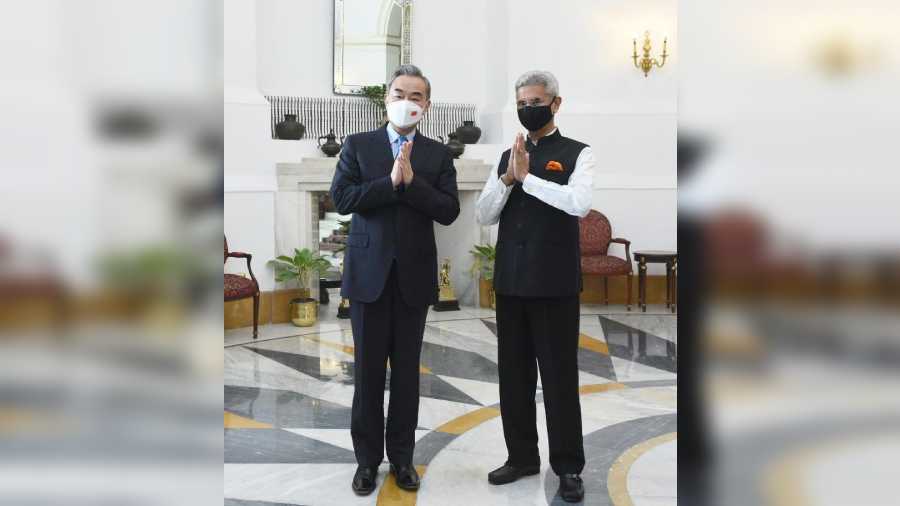 External Affairs Minister S. Jaishankar with China's Foreign Minister Wang Yi during their meeting, at Hyderabad House, in New Delhi.