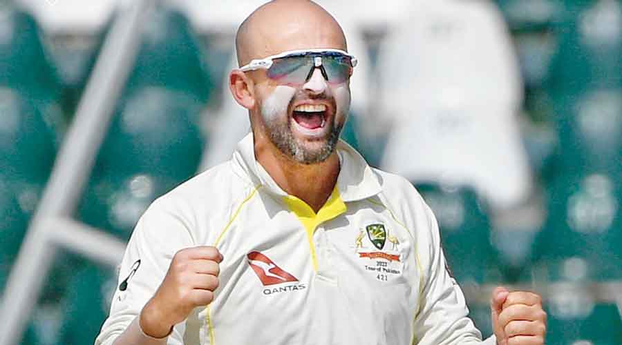 Nathan Lyon of Australia after dismissing one of his five Pakistan victims in Lahore on Friday. 