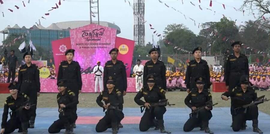 COMBAT READY: Members of Warriors — an all-woman anti-terror squad of Kolkata police — display their dexterity with weapons at the closing ceremony of Tejashwini on Thursday, March 24. Tejashwini, which is a self-defence workshop for women by Kolkata police, began on March 11