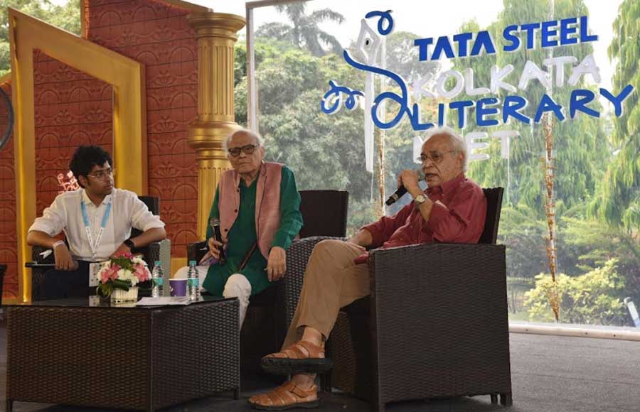 REMINISCENCE: (From left) Actor Riddhi Sen in conversation with veteran actors Pradeep Mukherjee and Dhritiman Chaterji on debuting as protagonists in Satyajit Ray’s City Trilogy at the Kolkata Literary Meet on Saturday, March 26. Actor Barun Chanda attended the session online 