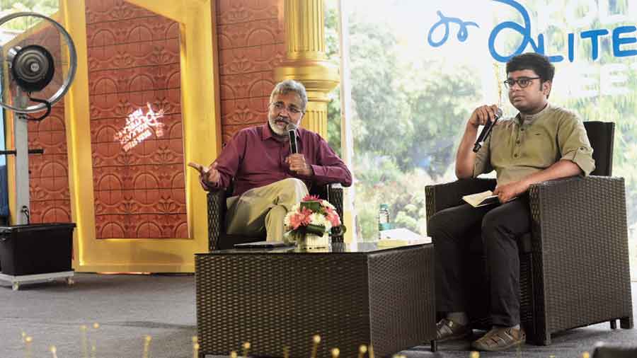 Tony Joseph and Sujaan Mukherjee at the Tata Steel Kolkata Literary Meet on Saturday. 
