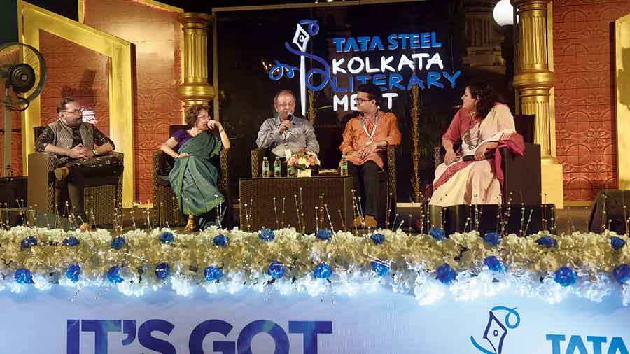 Anindya Chattopadhyay, Bachi Karkaria, Jayanta Sengupta and Agnijit Sen in  conversation with Poorna Banerjee at the Tata Steel Kolkata Literary Meet  at Victoria Memorial on Friday. 