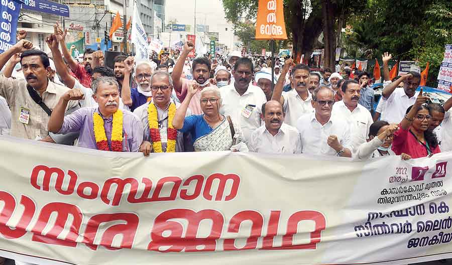  Members of K-Rail Janakeeya Samara Samithi during a protest march against the SilverLine project.