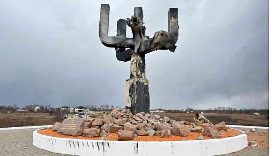 The menorah that was damaged at the Drobytskyi Yar Holocaust memorial complex in eastern Ukraine. 