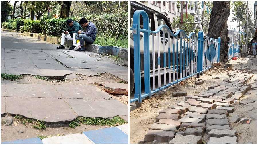 A battered footpath near the Victoria Memorial; (right) and along Harish Mukherjee Road