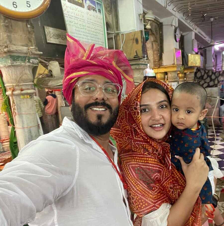 (From left) Film director-turned-politician Raj Chakraborty and actor Subhashree Ganguly with their son at the Ajmer Sharif dargah in Rajasthan. Chakraborty uploaded this photograph on Facebook on Sunday
