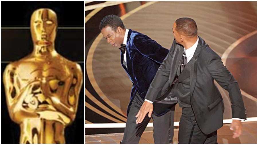 (L-R) The trophy; Slapgate! Chris Rock and Will Smith on stage
