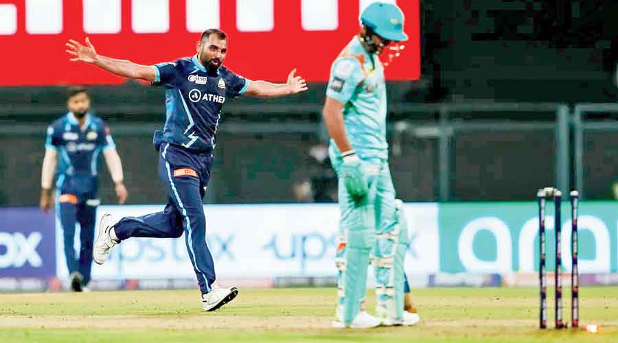 Shami celebrates after taking the wicket of Manish Pandey, one of his three scalps in Gujarat Titans’  match against Lucknow Super Giants.