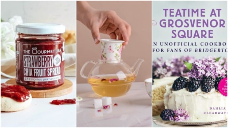 (L-R) The Gourmet Jar’s strawberry-chia spread, Nestasia’s vintage teapot and Dahlia Clearwater’s Teatime at Grosvenor Square