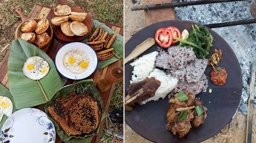 A village breakfast with wild local honey comb; (right) a Naga Thali in the traditional plate of the Sema tribe called asukhü 