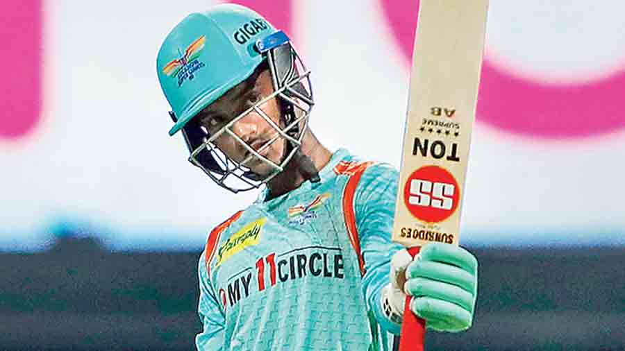 Lucknow Super Giants’ Ayush Badoni after completing his half-century against Gujarat Titans  on Monday