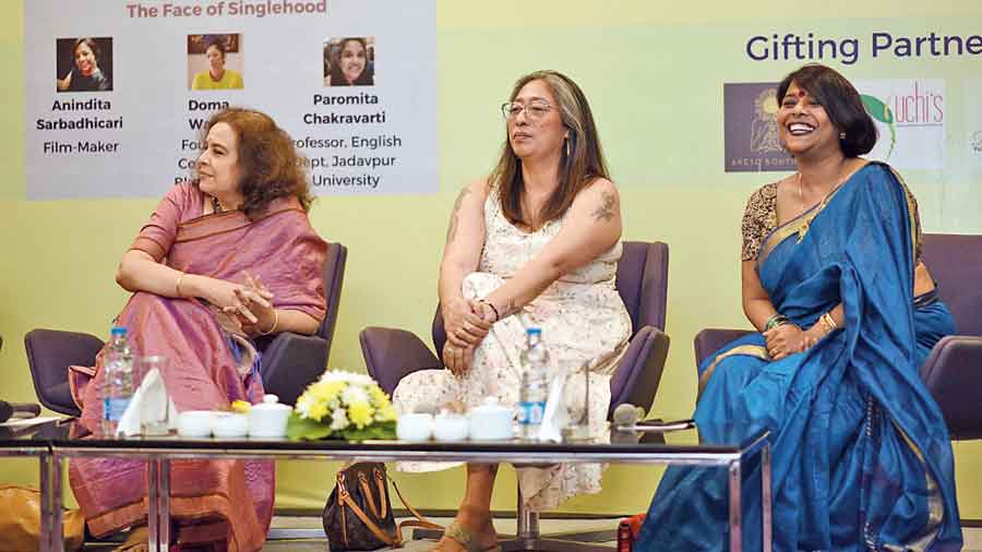 (From left) Paromita Chakravarti, Doma Wang and Anindita Sarbadhicari speak  at the programme on Sunday 