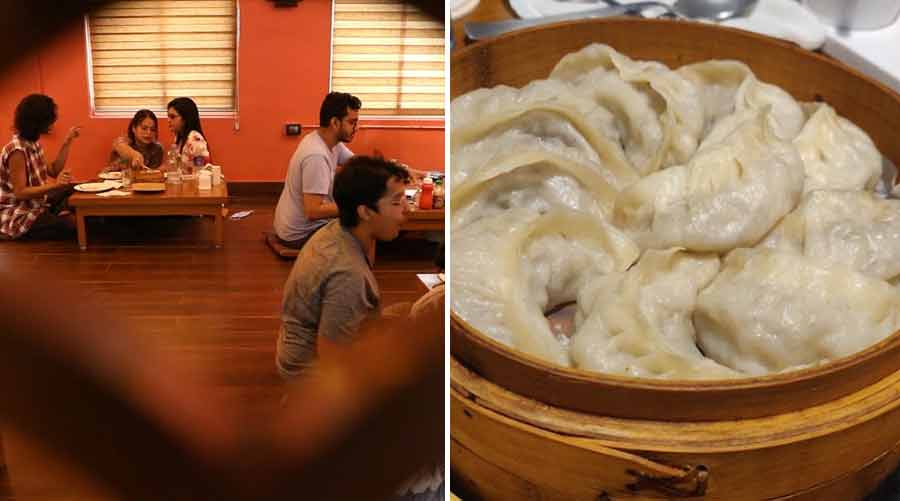 The interiors of The Blue Poppy Thakali and (right) mutton momos