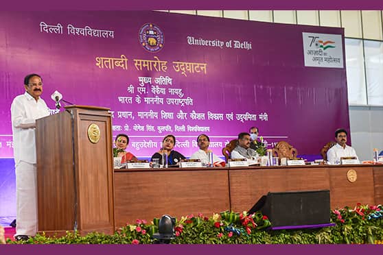 Vice President M Venkaiah Naidu addresses a gathering at Delhi University’s centenary celebrations at the varsity’s North Campus in New Delhi on May 1.