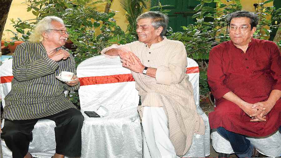 Adoor Gopalakrishnan with Sandip Ray and Sabyasachi Chakraborty at Ray’s Bishop Lefroy Road home on Monday. 