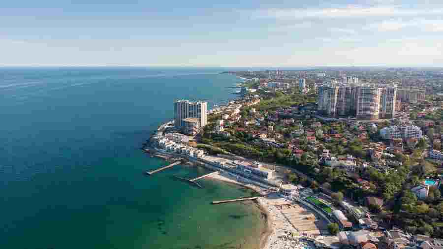 Aerial view of the sea city Odessa and Arcadia beach on a sunny spring day.