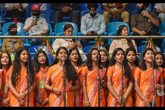 Students perform during the centenary celebrations of Delhi University. 