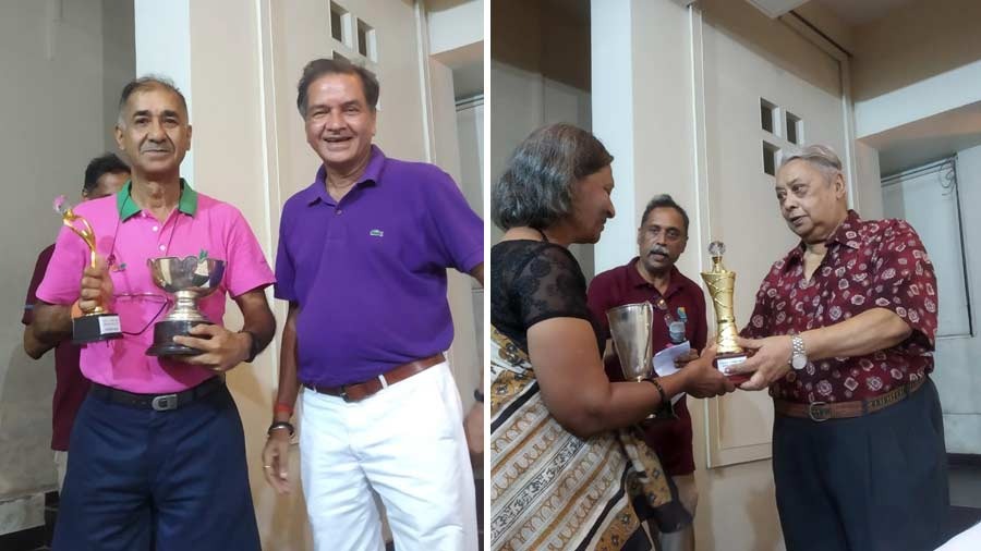 Kalyani Dutta and J.L. Roy collecting their respective prizes