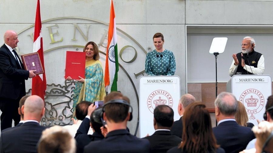 Prime Minister Narendra Modi and Prime Minister of Denmark Mette Frederiksen deliver a joint press statement, in Copenhagen, Denmark.