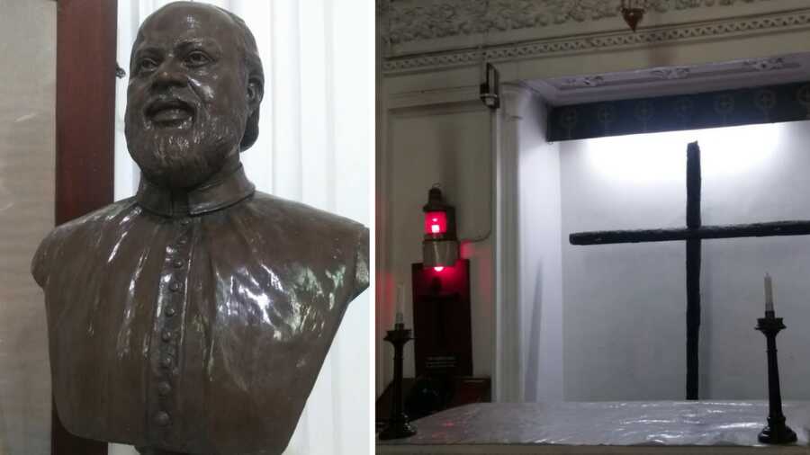 (Left) The bust of Canon Subir Biswas and (right) the cross made from charred beams of burnt homes in Bangladesh