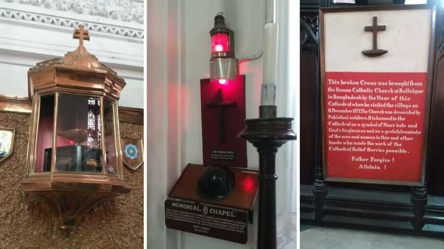 (L-R) The lamp lit in honour of a British soldier who died in 1914 in France; the helmet of an Indian soldier who fought in Bangladesh and a cross belonging to a British soldier; a small cross taken from the destroyed Roman Catholic church in Ballavpur